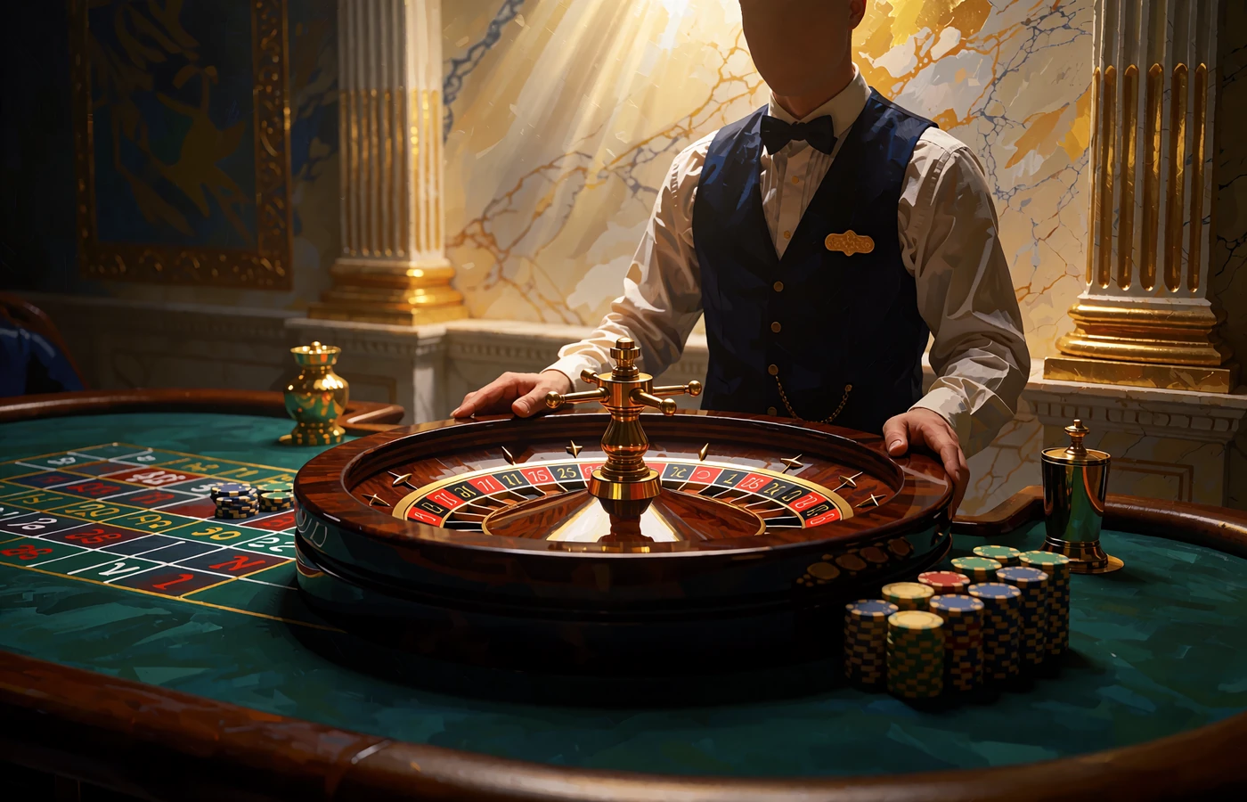 Koło ruletki na zielonym stole z krupierem w marmurowej sali - live kasyno i ruletka online w Hercules Casino