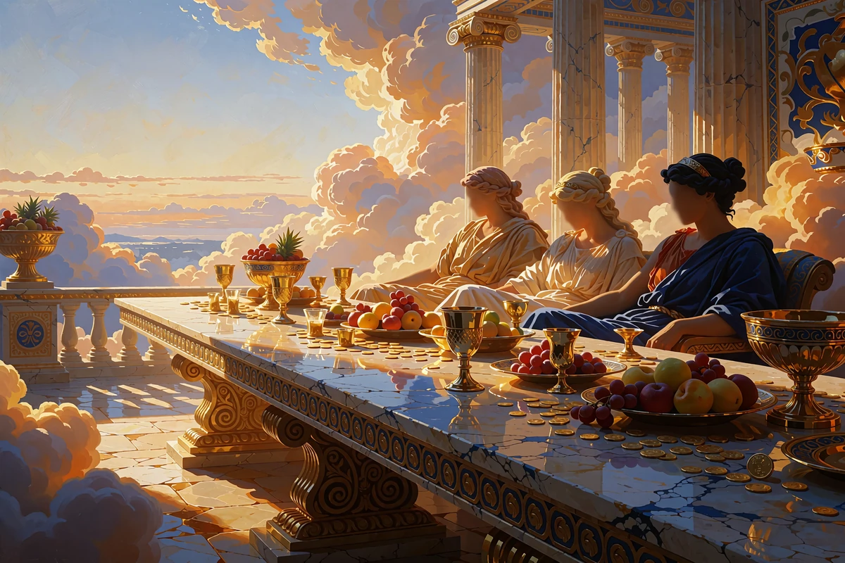 Marmurowy st&oacute;ł biesiadny ze złotymi puchar ami i monetami na obłocznym tarasie - symbol weekendowej promocji Weekend of the Gods