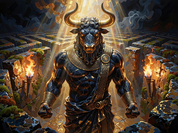 Potężny Minotaur stojący w kamiennym labiryncie oświetlonym pochodniami - symbol automat&oacute;w mitologicznych w Hercules Casino