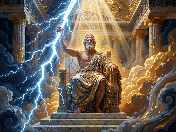 Gromowładny b&oacute;g na marmurowym tronie z błyskawicą w dłoni - motyw mitologicznych automat&oacute;w w Hercules Casino